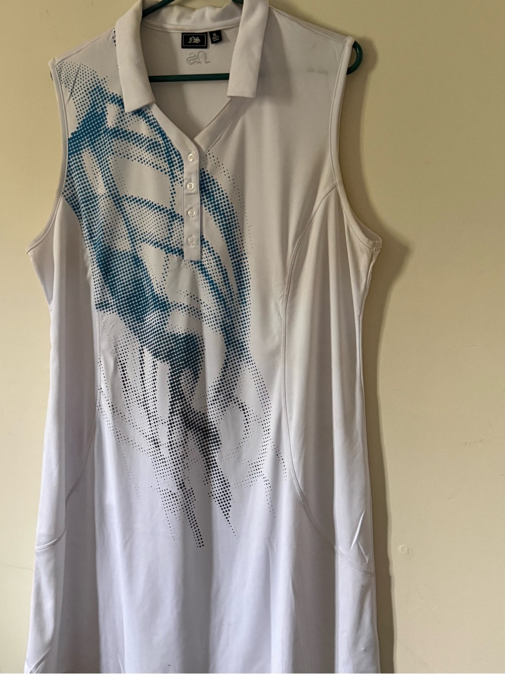 NSF White Sleeveless Polo Dress with Blue Dot Graphic
